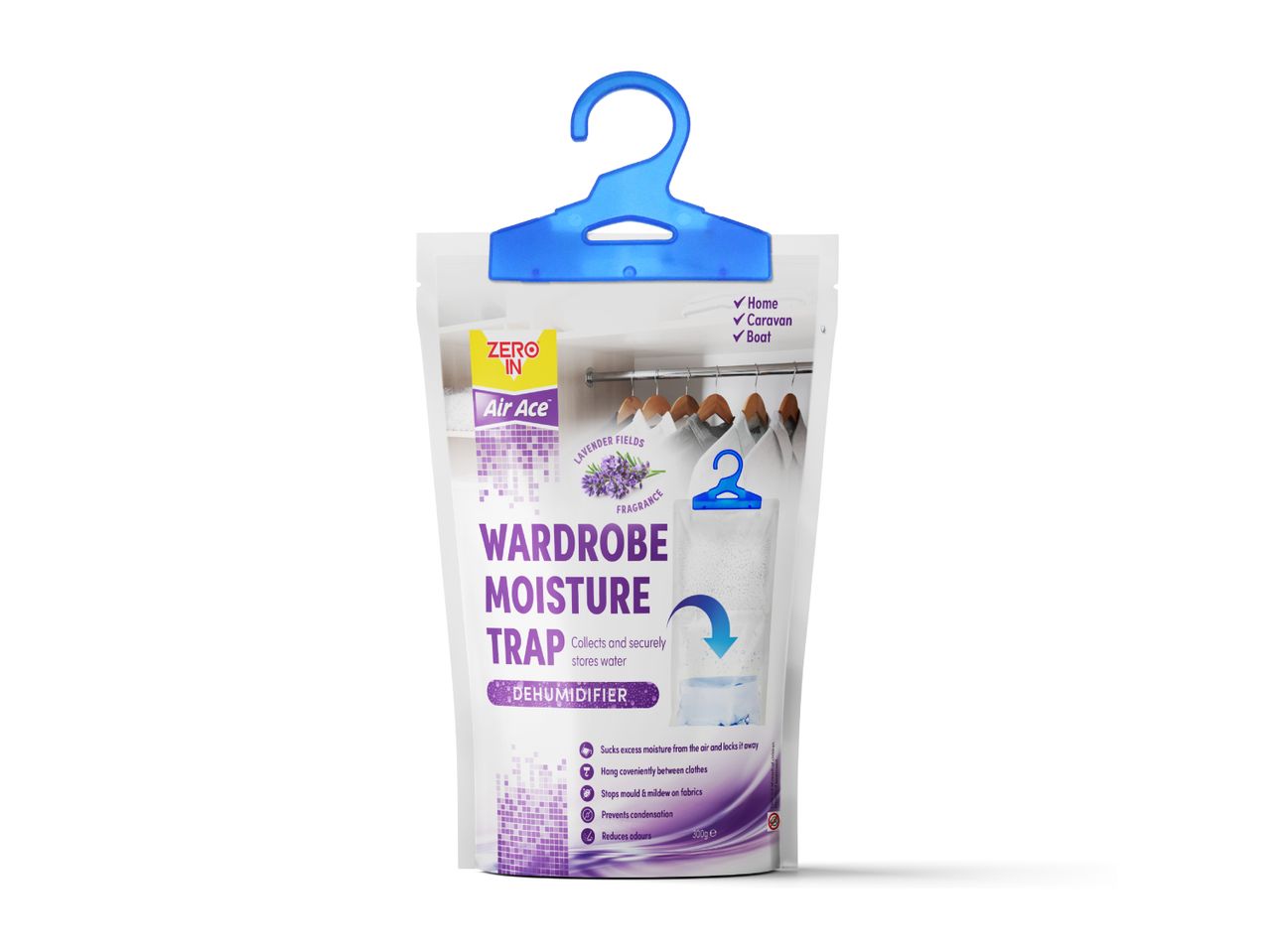 Hanging wardrobe moisture trap with lavender fragrance, 300g