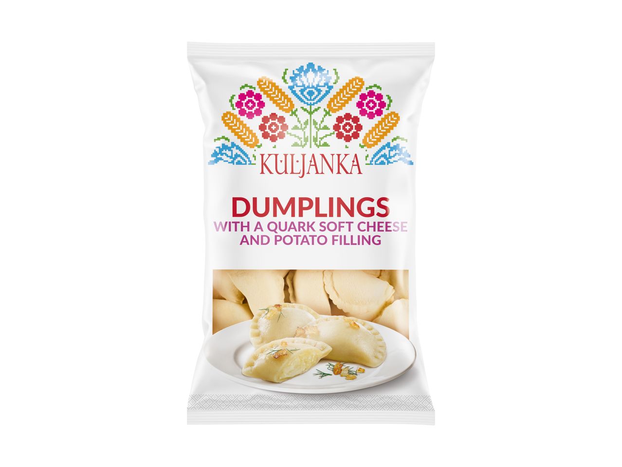 A bag of dumplings with quark soft cheese and potato filling, featuring a folk-art design.