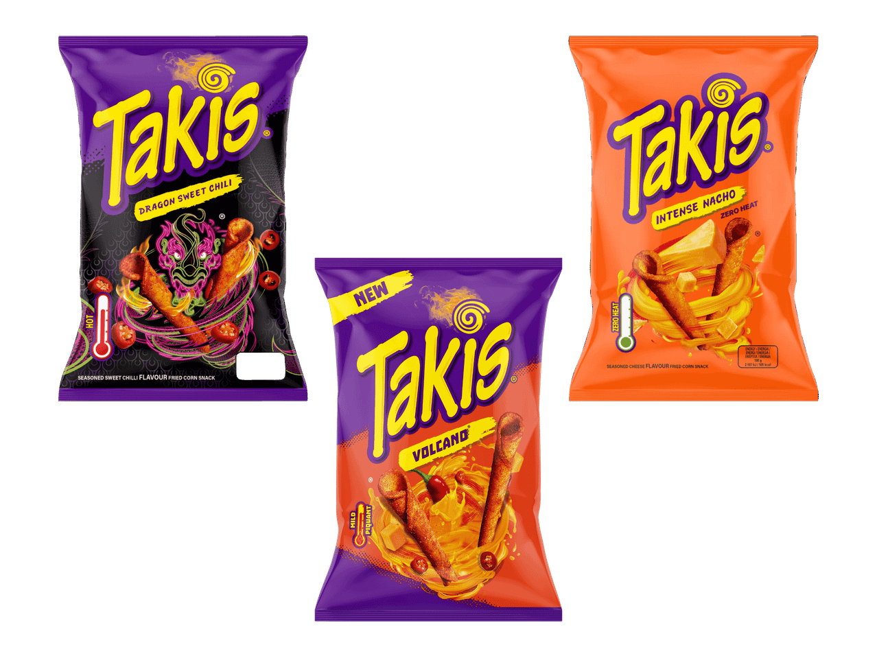 Kolme pussia maustettuja paistettuja maissisnackseja: Dragon Sweet Chili, Volcand ja Intense Nacho.