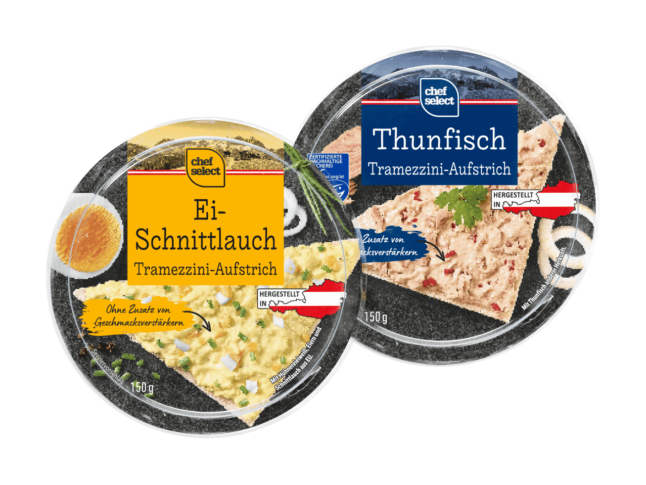 Zwei Packungen Käse-Speckknödel vom Hersteller Tiroler Speck: Einmal Bierschinken, einmal Thunfisch.