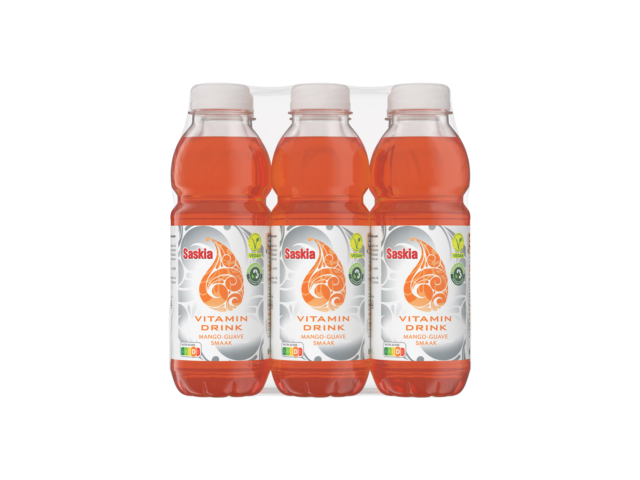 Saskia mango-guave vitaminedrankjes: vegan, vier flesjes.
