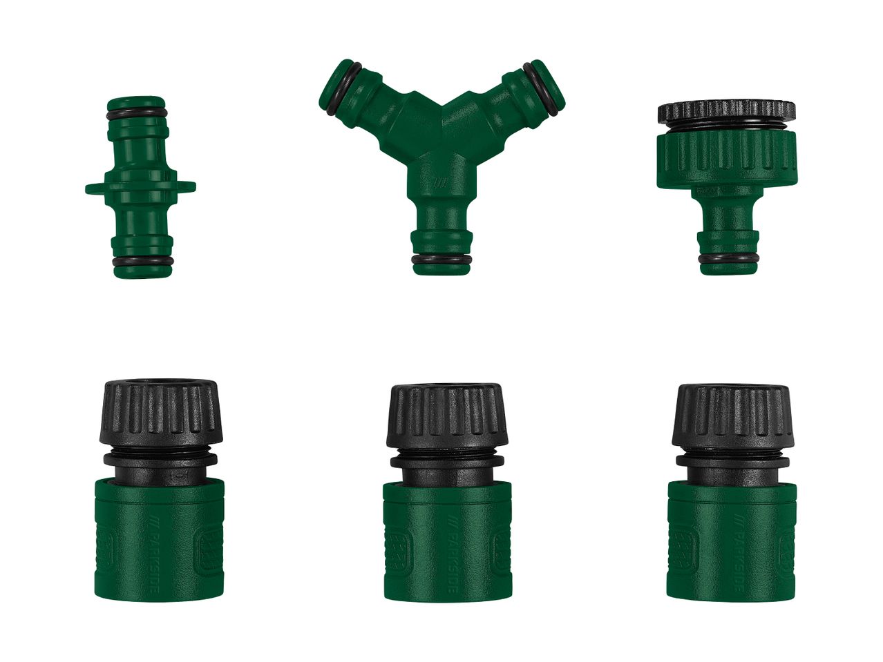 Green garden hose connectors, including a Y-splitter, tap connector, and hose end connectors.