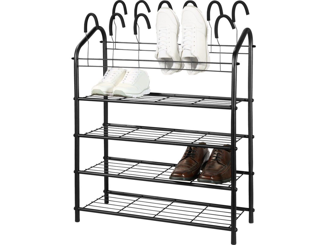 LIVARNO Stojalo za čevlje: Black metal shoe rack with white sneakers and brown dress shoes.