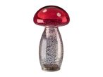 Red and silver mushroom-shaped decorative glass ornament with a speckled texture.