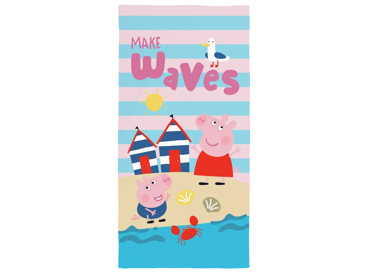Плажна кърпа с Пепа Пиг, Джордж и надпис „MAKE Waves“.