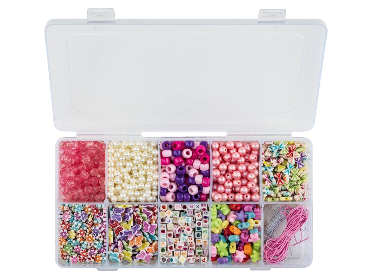 A clear plastic organizer box filled with various colorful beads and craft supplies.