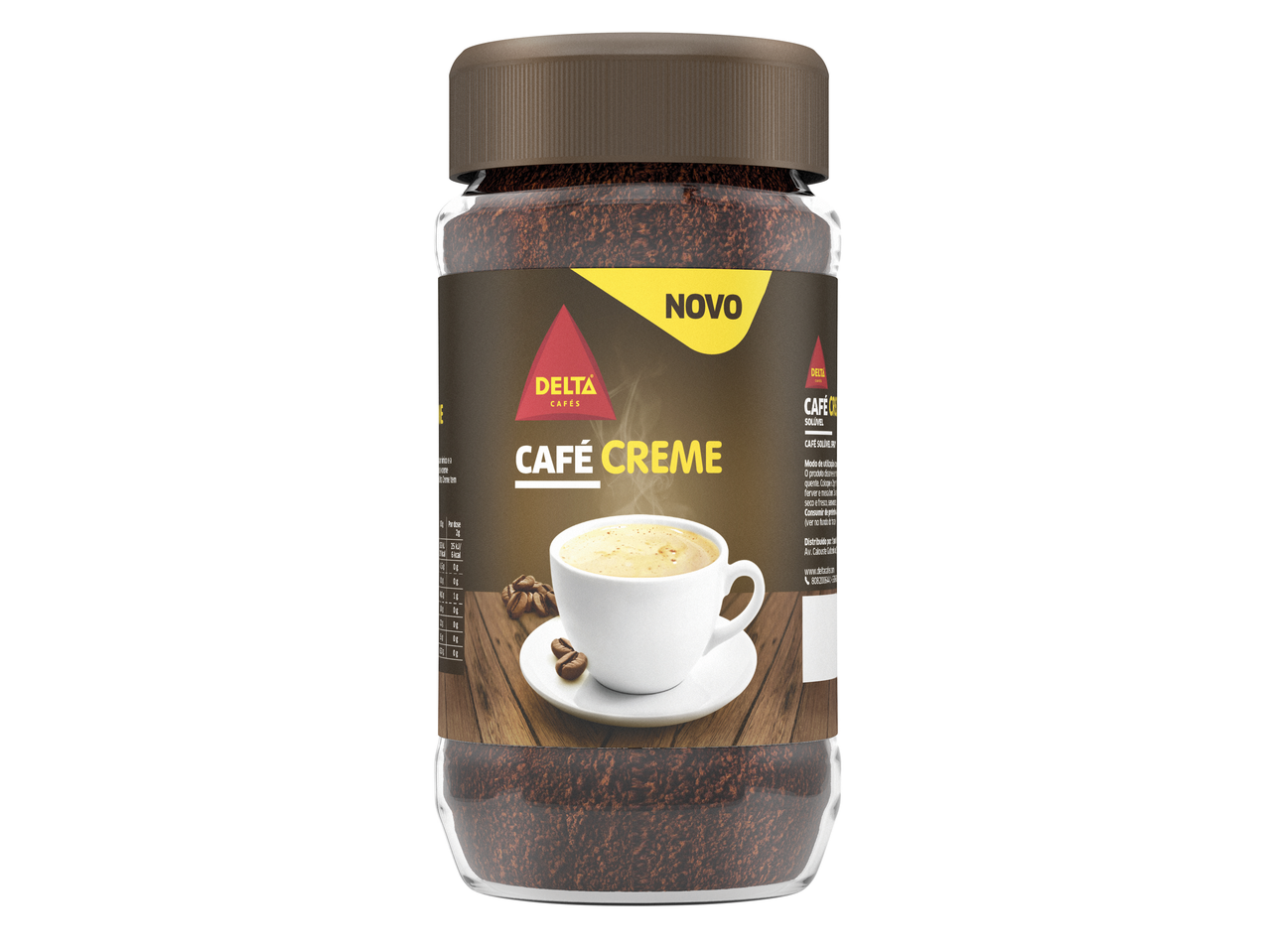 Frasco de café solúvel DELTA Café Creme com uma chávena de café e grãos na etiqueta.