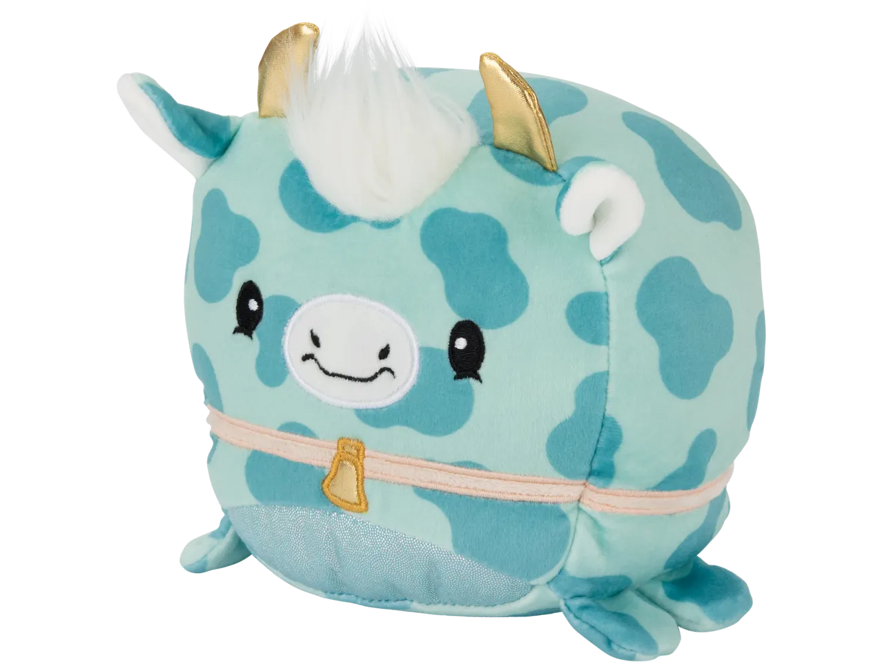 Light blue plush toy with darker blue spots, gold horns, white mane, and a bell collar.