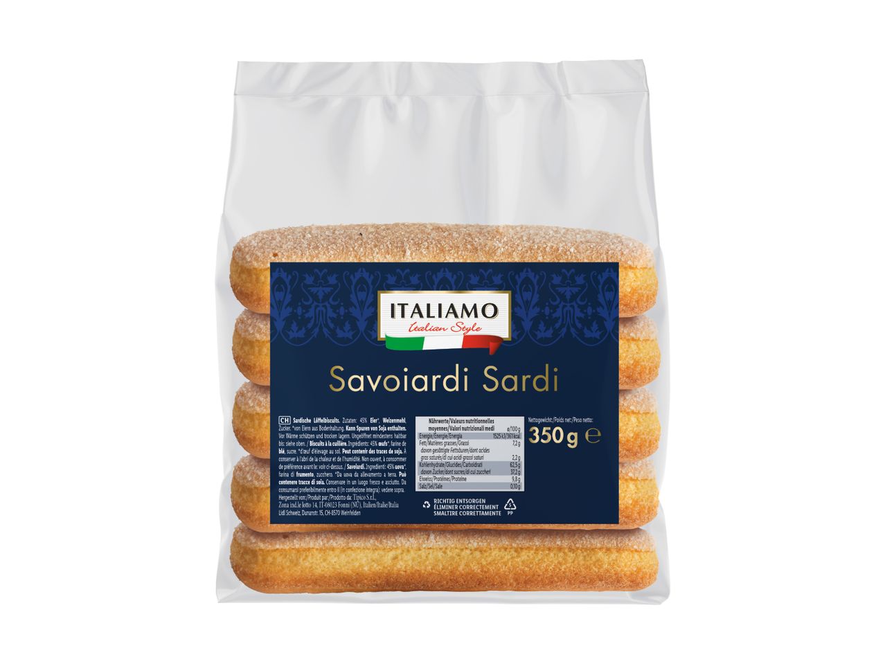 ITALIAMO Savoiardi Sardi: 350g italienische Löffelbiskuits in einer Plastikverpackung.