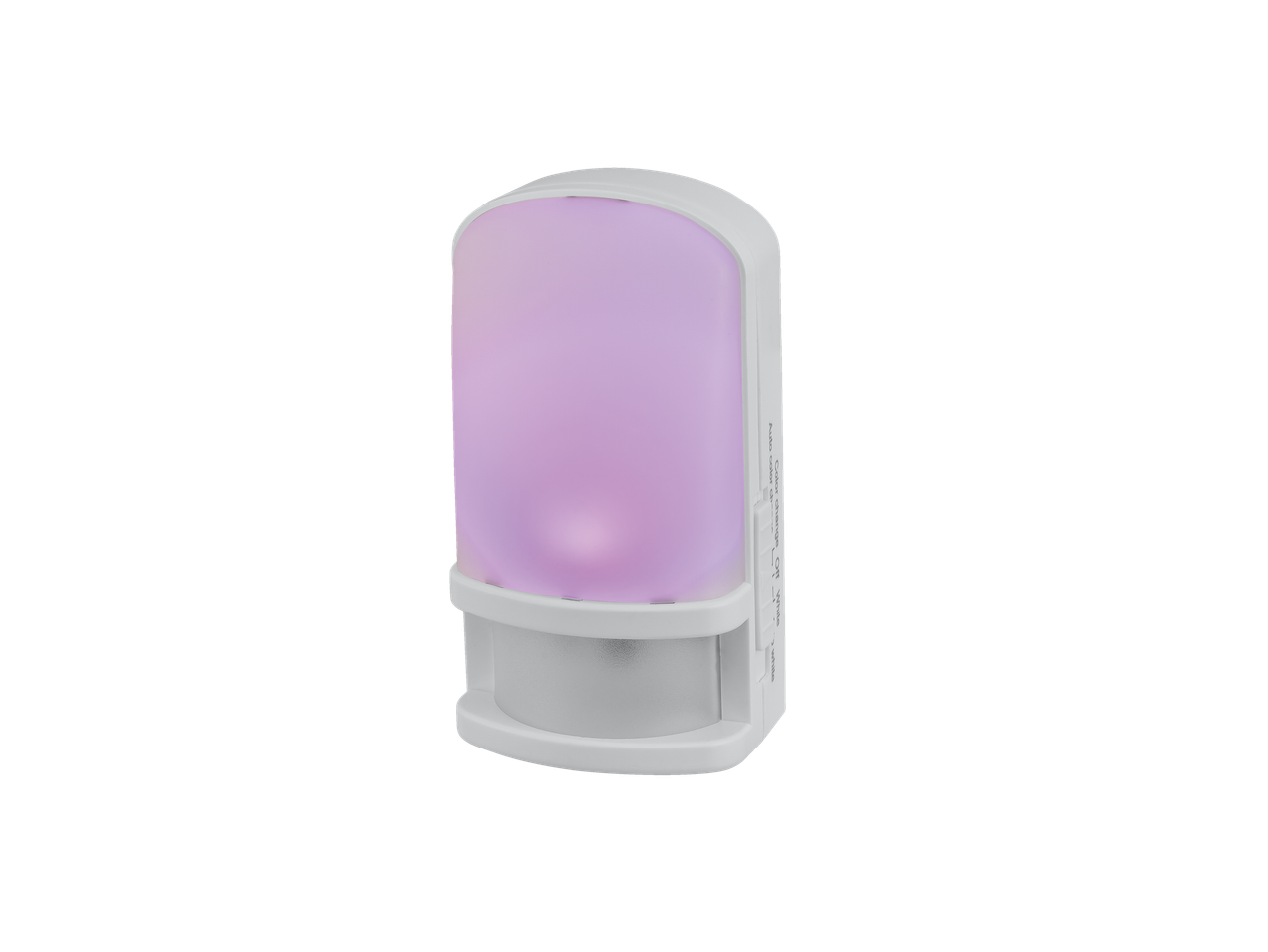 Balta nakts gaisma ar kustības sensoru izstaro maigu violetu gaismu.