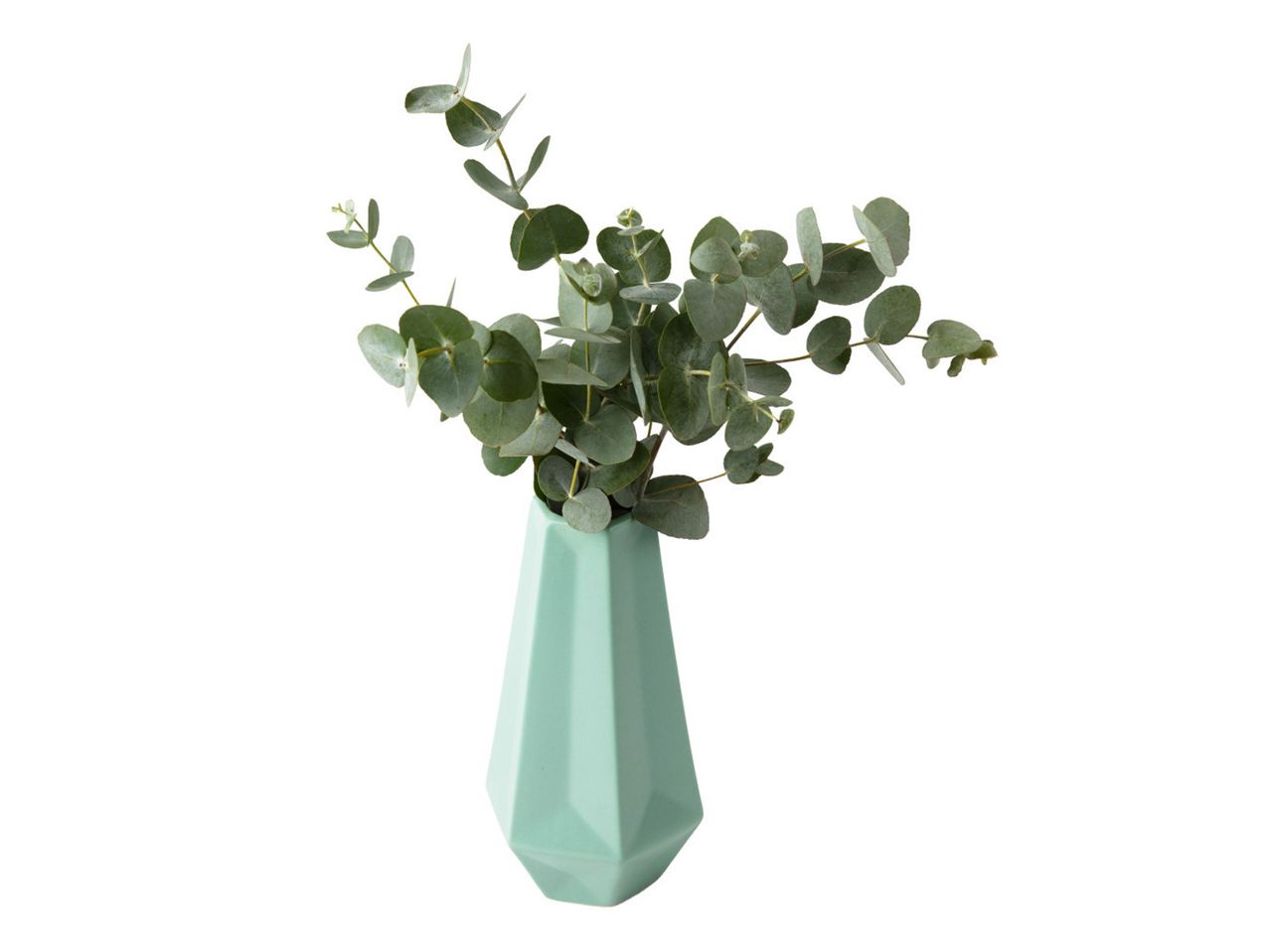 Buket eukaliptusa u tirkiznoj vazi sa geometrijskim dizajnom.