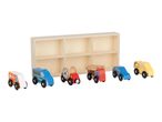 Wooden toy vehicles including an ambulance, police car, fire truck, and taxi, with a wooden storage shelf.