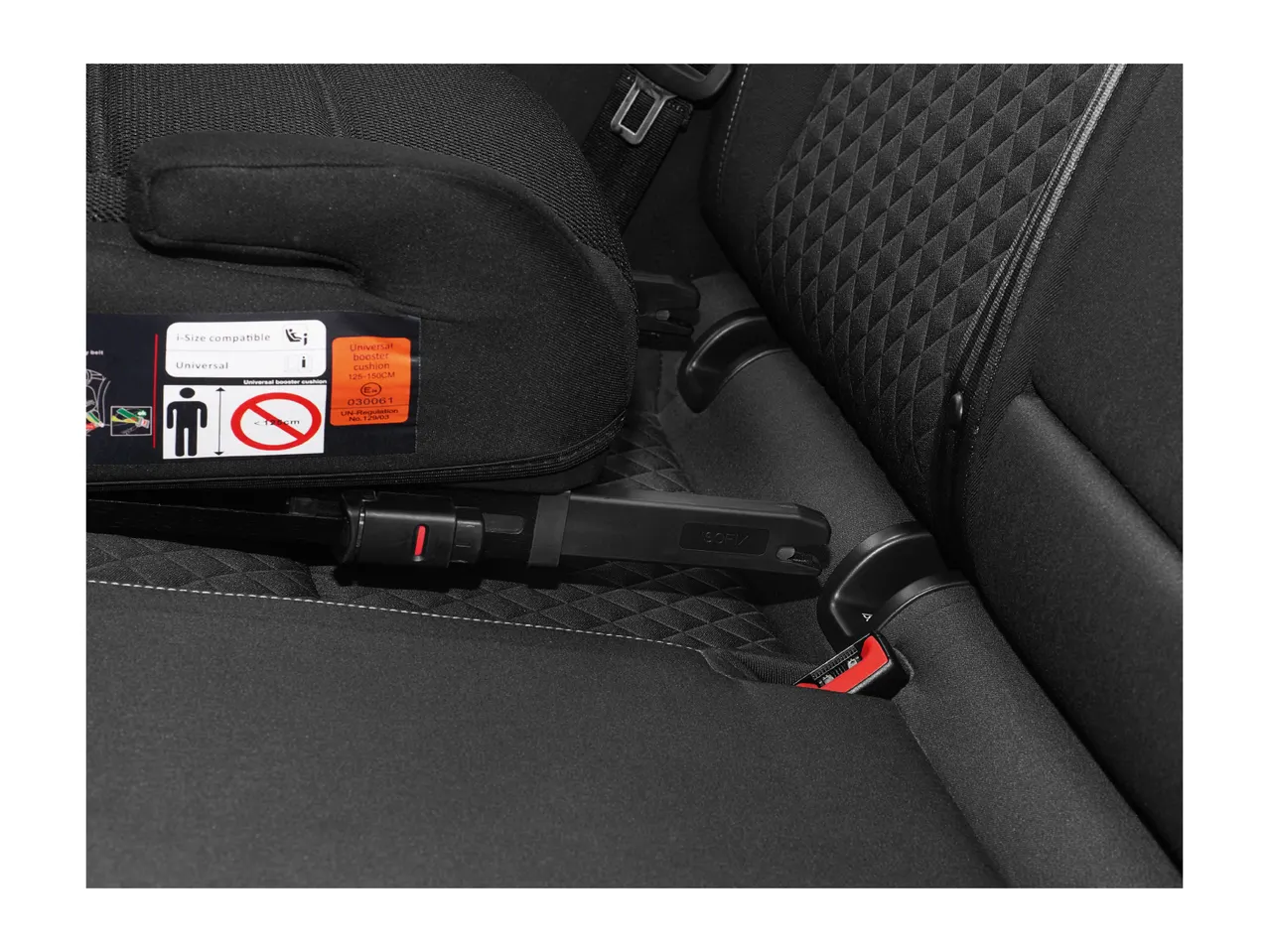 A black car seat with a label indicating 'i-Size compatible' and 'Universal booster cushion 125-150CM'.