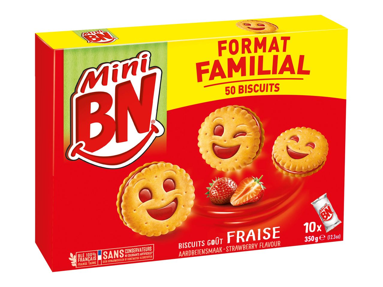 Boîte de biscuits Mini BN saveur fraise, format familial de 50 biscuits.