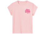 T-shirt rose pâle pour enfant avec un motif de fleurs fuchsia et le texte 'TROPICOOL'.