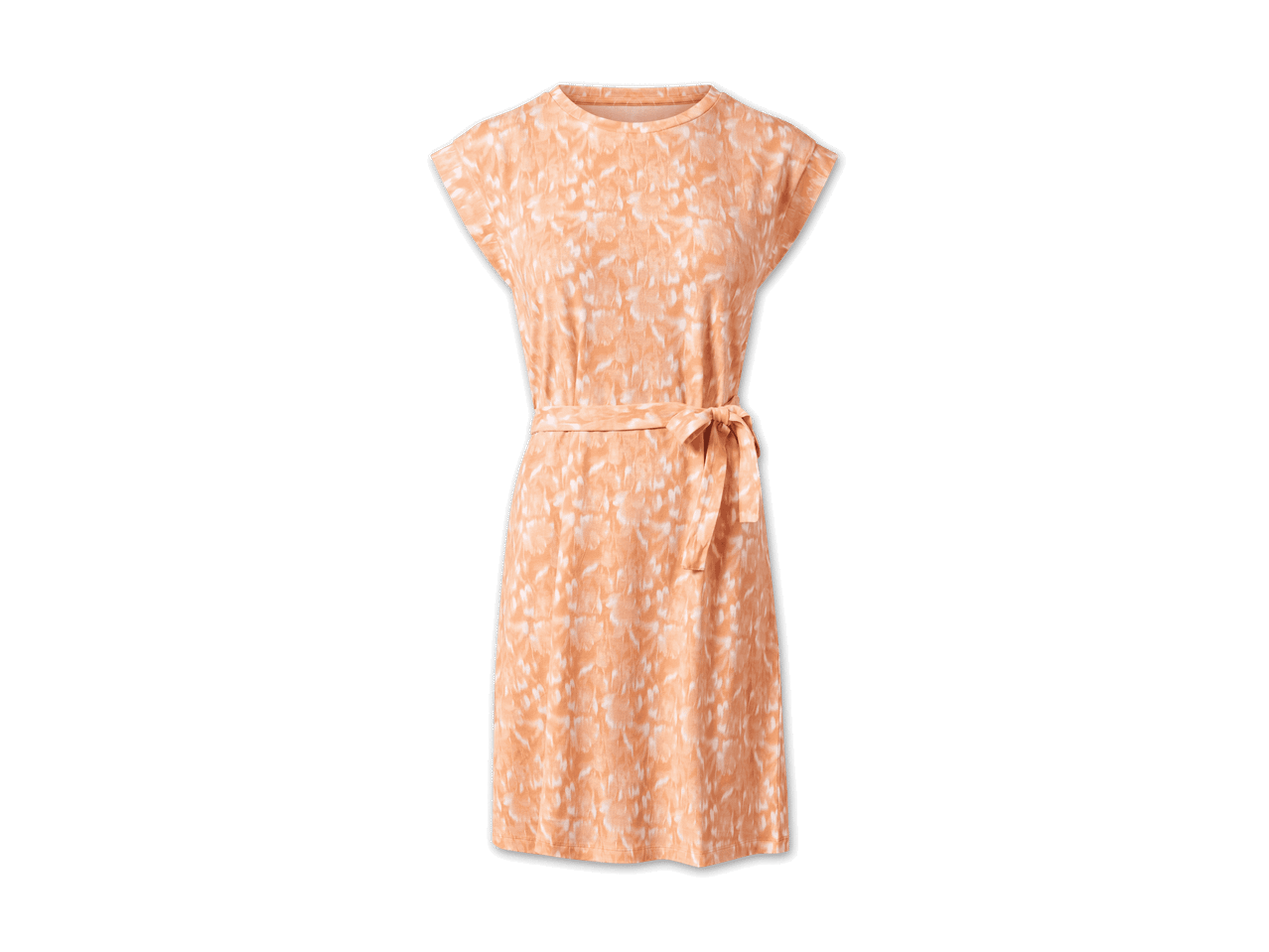 Ein orangefarbenes Kleid mit tie-dye Muster und Gürtel.