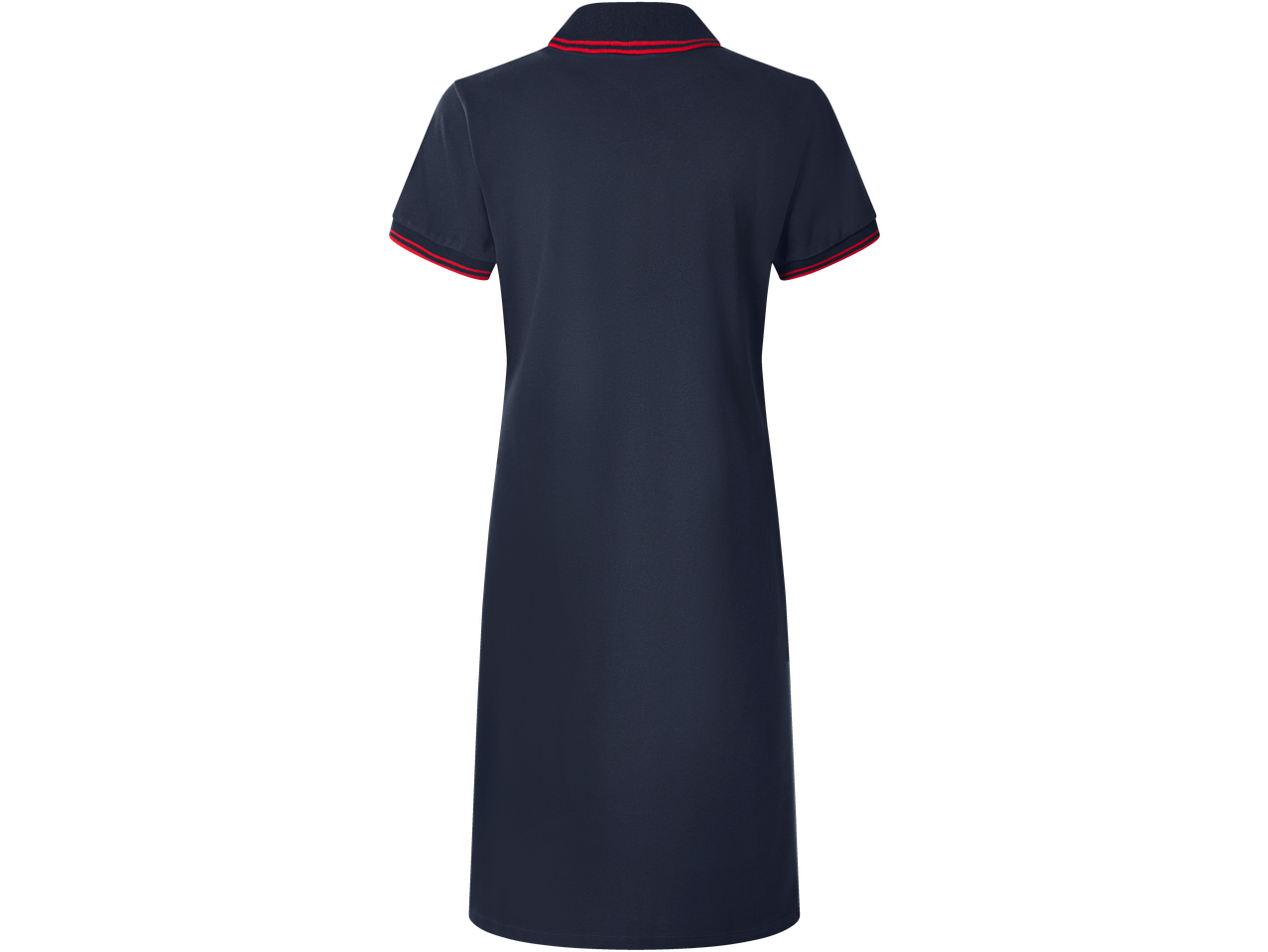 Teget polo haljina sa crvenom prugastom kragnom i manžetnama.