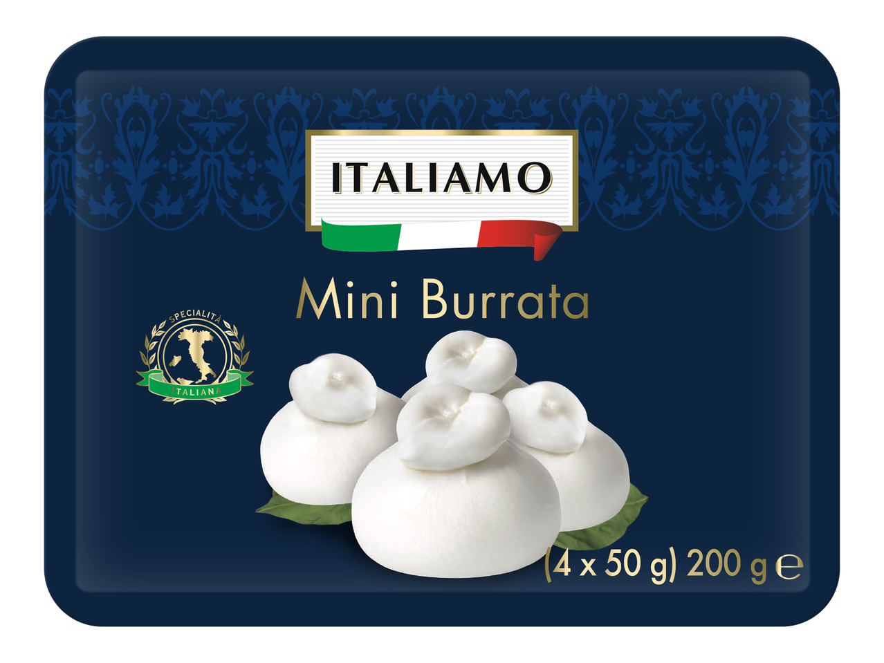 Emballage de mini burrata avec un motif italien et l'indication (4 x 50 g) 200 g e.
