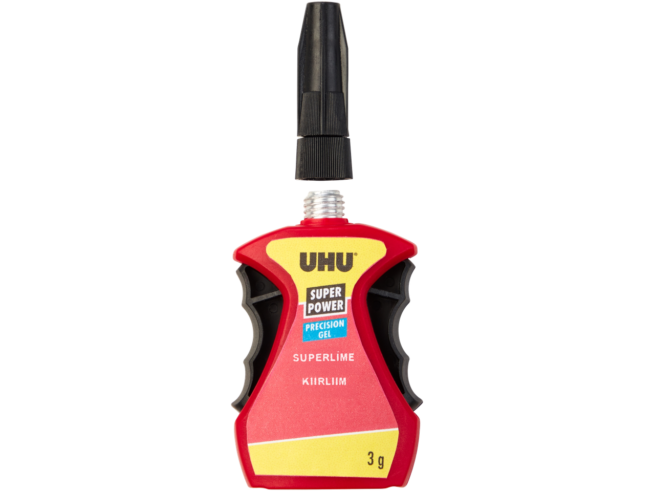 UHU Super Power Precision Gel ātrā līme, 3g, ar atvērtu vāciņu.