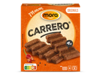 Verpakking met vier gegrilde vleesrepen, rode pepers en zwarte peperkorrels.