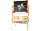 Lupilu Kids' Wooden Easel with a butterfly drawing, abacus, clock, and alphabet