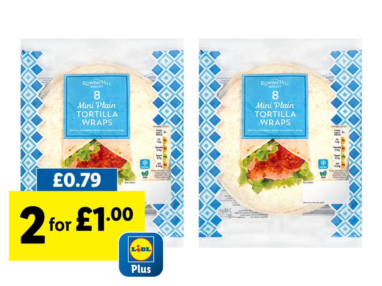 Two packs of Rowan Hill Mini Plain Tortilla Wraps with a special offer.