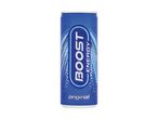 Blue energy drink can with 'BOOST ENERGY original' text and a dynamic pattern.