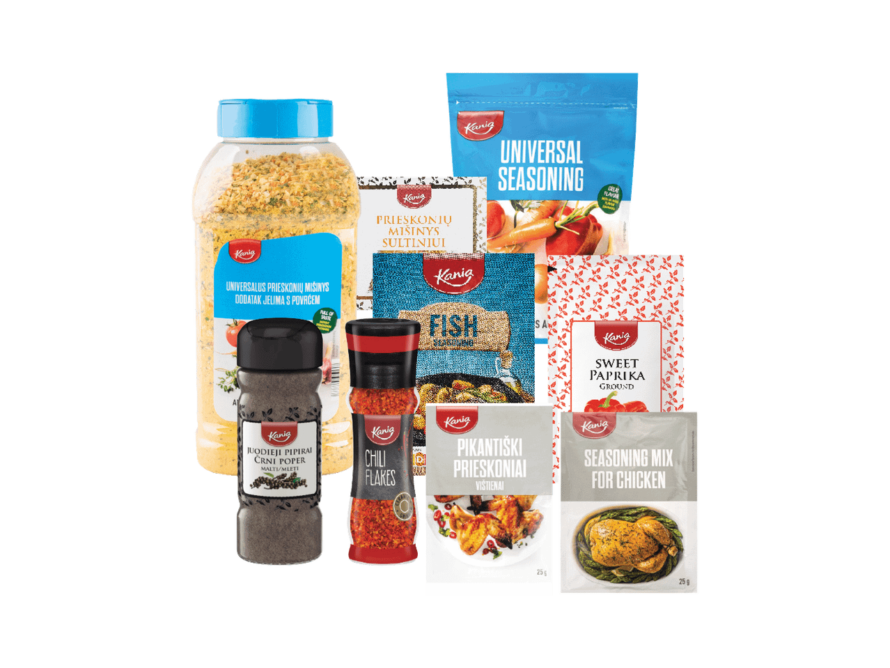 Kania prieskonių asortimentas, įskaitant universalius prieskonius, juoduosius pipirus, čili dribsnius ir vištienos prieskonių mišinį.