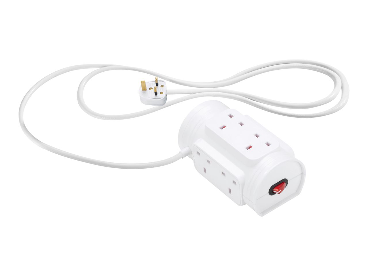 White power strip with multiple sockets and a red on/off switch, connected to a UK plug.