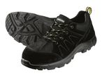 A pair of black work shoes with a rugged sole.