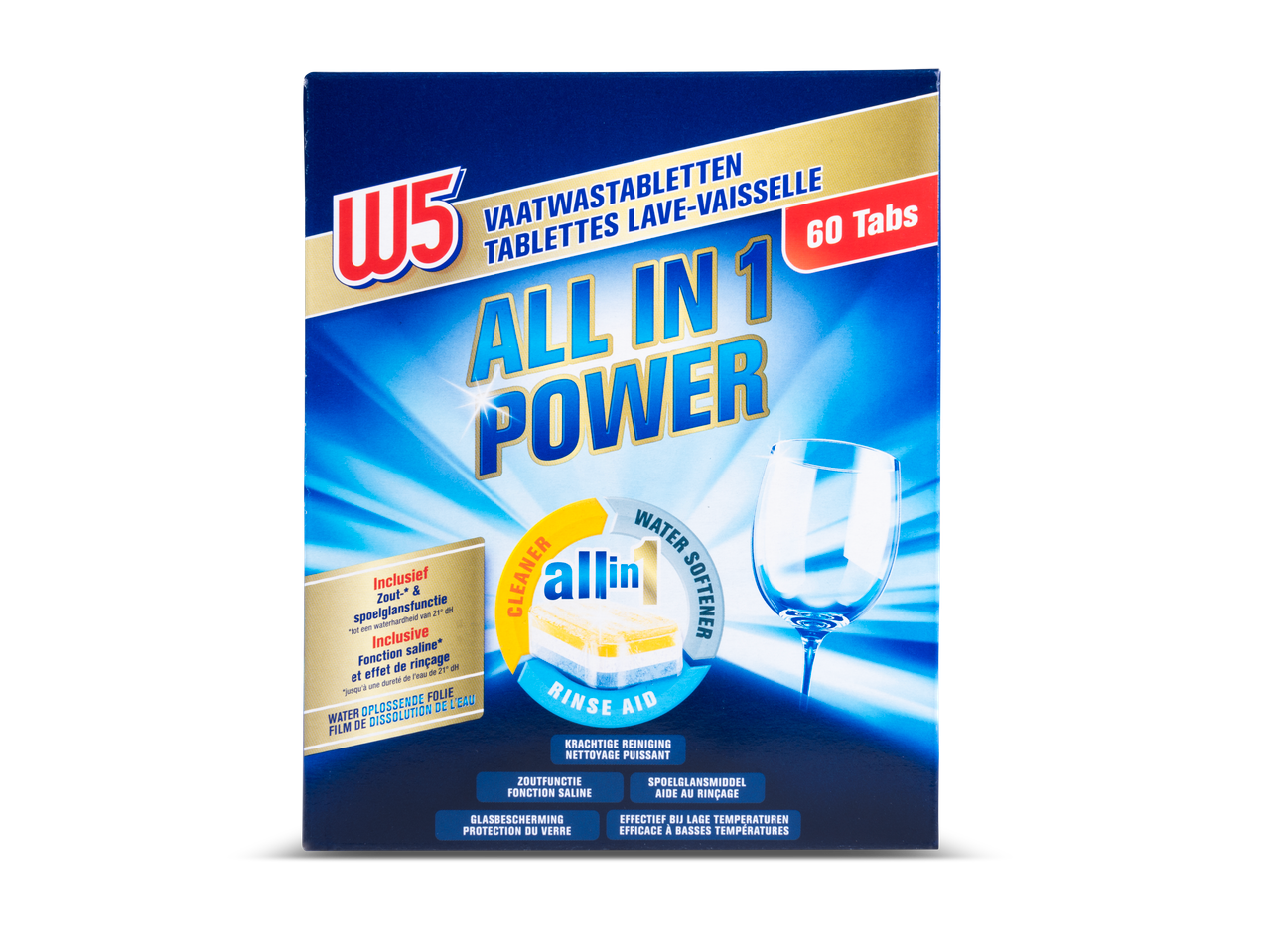 W5 All in 1 Power vaatwastabletten: 60 tabs voor krachtige reiniging.