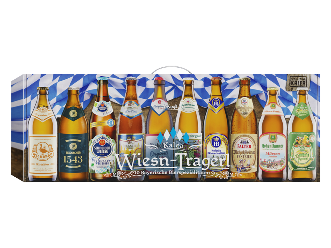 Doos met tien flessen bier van verschillende Beierse merken, waaronder Wildbräu en Schneider Weisse.