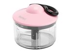 Manual food chopper with a pink lid, black pull handle, and clear container.