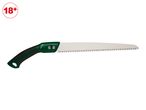 Green and black pruning saw with a white blade, featuring an '18+' age restriction symbol.