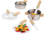 Rotaļlietu komplekts ar katliem, pannām, galda piederumiem un filca makaroniem
