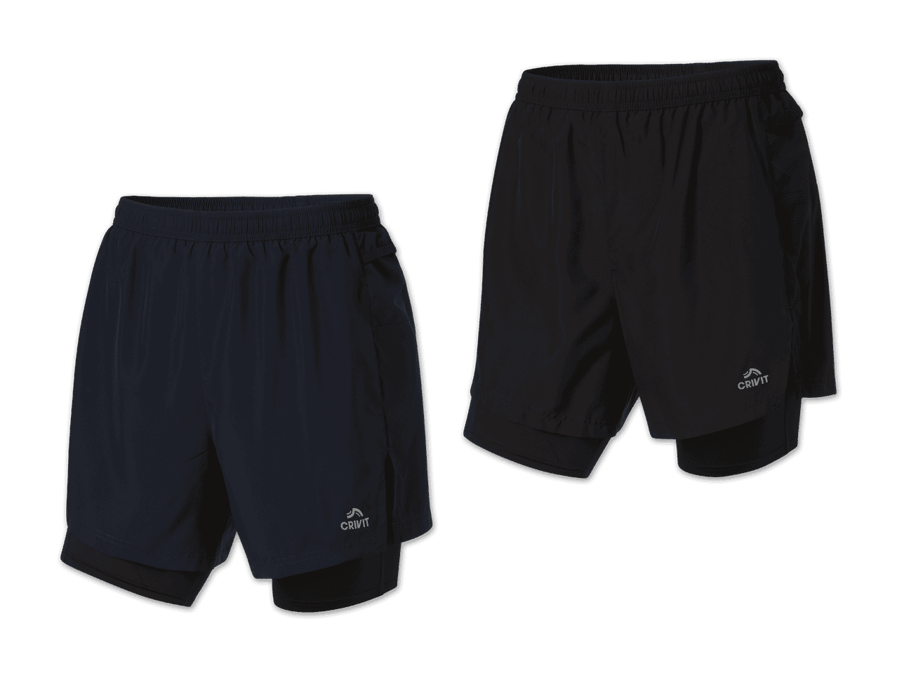 Zwei Paar CRIVIT 2-in-1 Laufshorts in Dunkelblau und Schwarz.