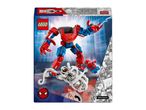 Toy box with a red and blue mech suit, a small superhero figure, and a white villain figure.
