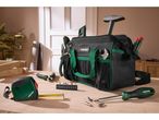 Tool bag with various hand tools, including a tape measure, screwdriver, and pliers.