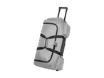 Eine graue Reisetasche mit Rollen und Tragegriffen.