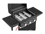 Black gas barbecue grill with three burners, side tables, and a warming rack.