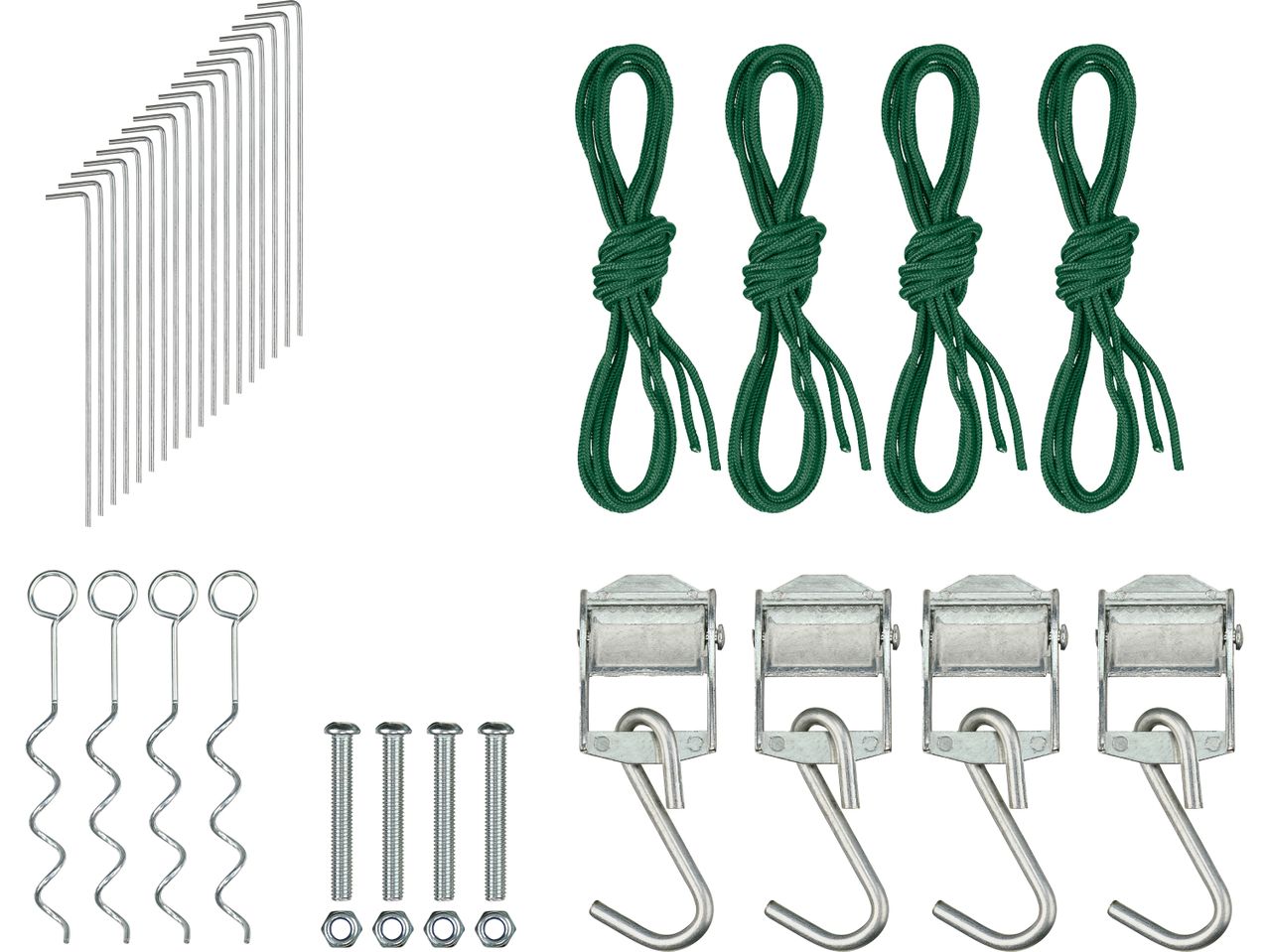 A set of tent stakes, green ropes, ground anchors, bolts, and ratchet straps with hooks.