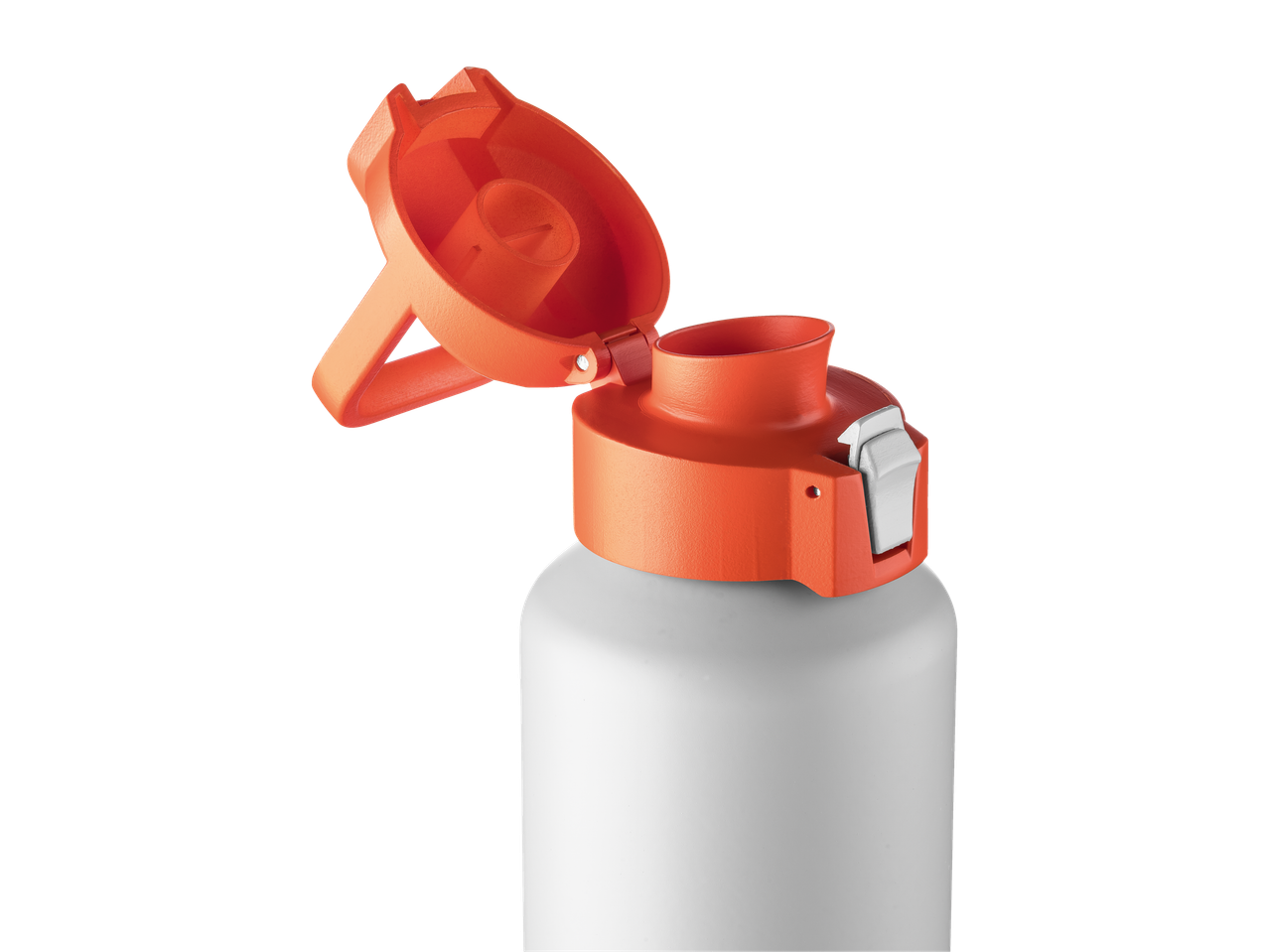 Valge veepudel avatud oranži korgiga.