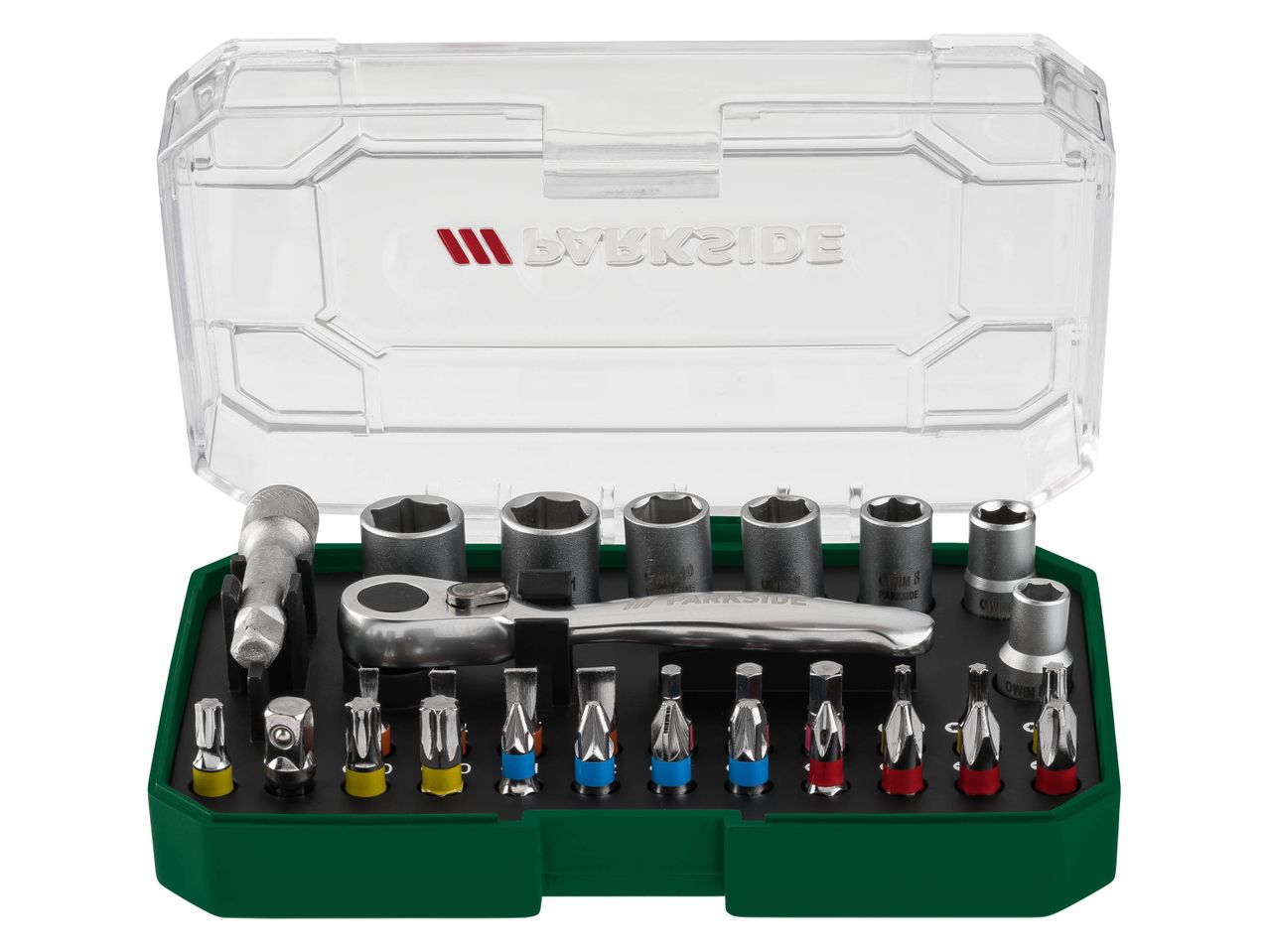 A Parkside socket wrench set with various bits and sockets in a clear case.