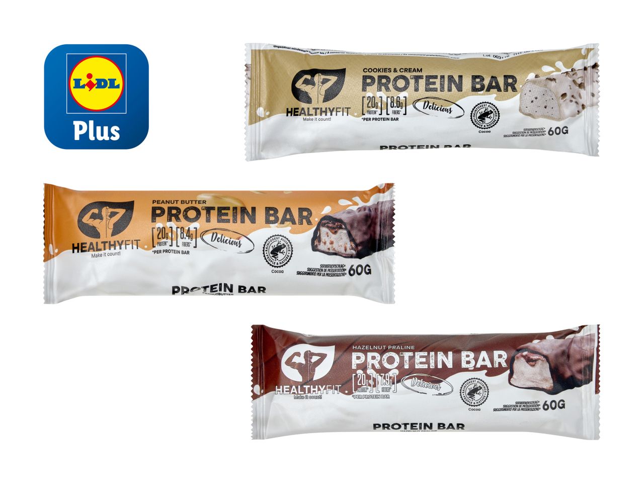 Trois barres protéinées Healthyfit de Lidl Plus aux saveurs cookies & cream, beurre de cacahuète et praliné noisette.