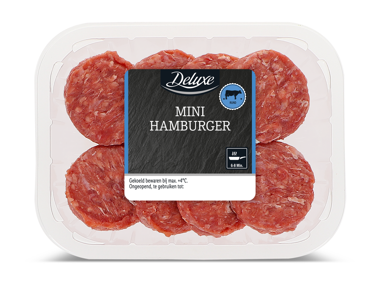 Verpakking met zes mini-hamburgers, met een etiket waarop 'MINI HAMBURGER' staat.
