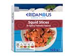 Squid slices in spicy tomato sauce, with nutritional information and weight 160g.
