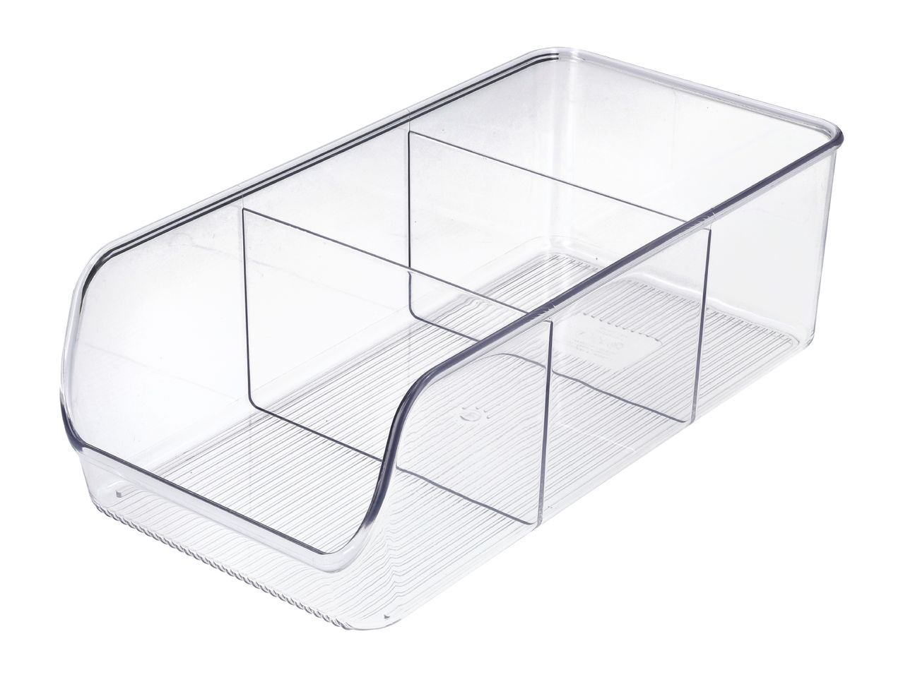 Clear plastic storage organizer with three compartments, ideal for fridge or pantry organization.