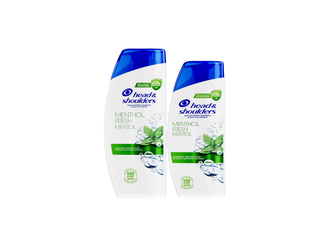 Dve boce šampona protiv peruti sa mentolom i natpisom „Use Every Wash“.