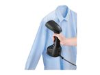 Handheld garment steamer being used on a light blue shirt.