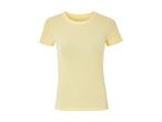 Gul ribstrikket T-shirt med korte ærmer og rund halsudskæring.